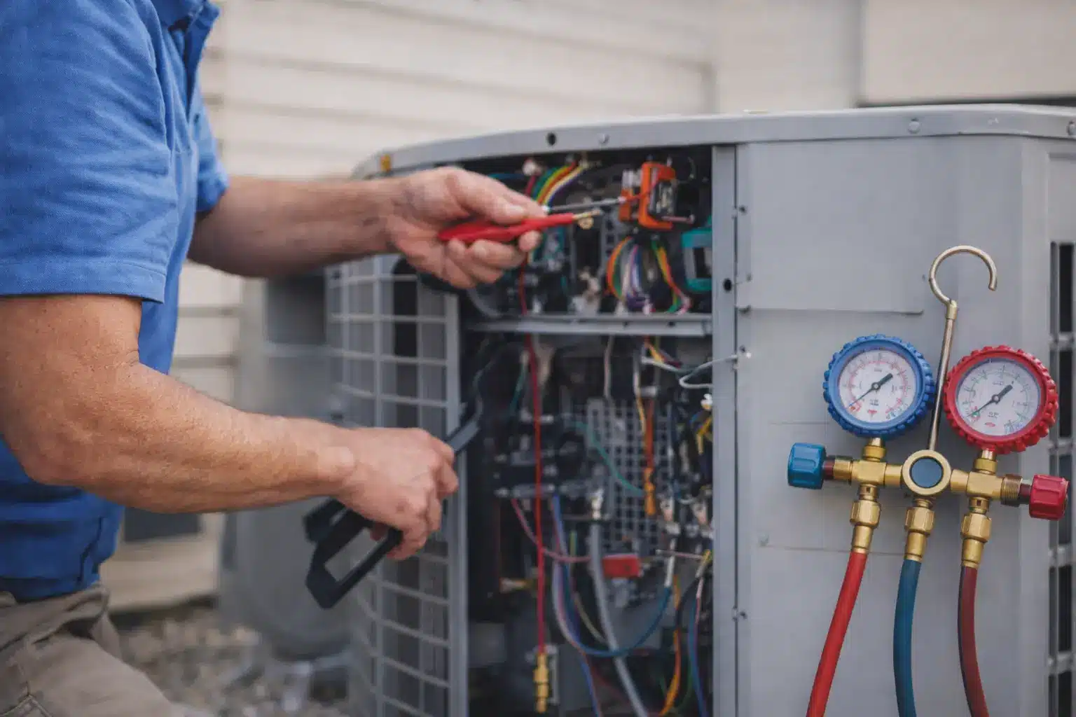 HVAC technician servicing an outdoor air conditioning unit with diagnostic gauges and tools
